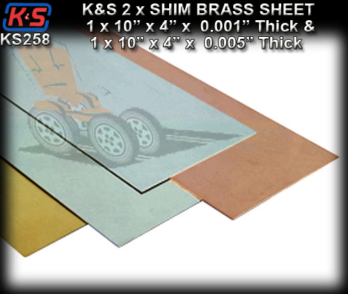 KS258 - K&S 2 x Shim Brass Sheet 4"x10" x 0.001/0.005"Thickness