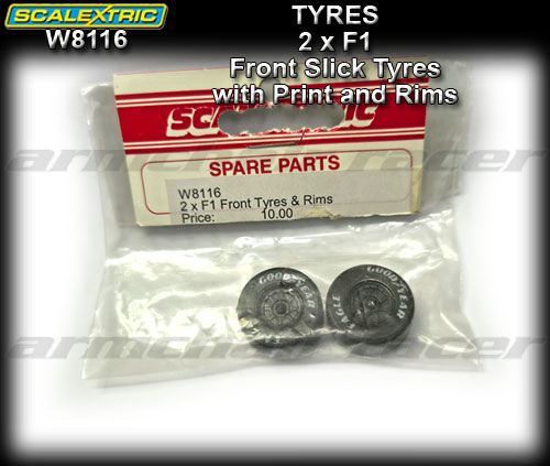 SCALEXTRIC TYRES W8116 - F1 Front Slick Tyres with print & Rims